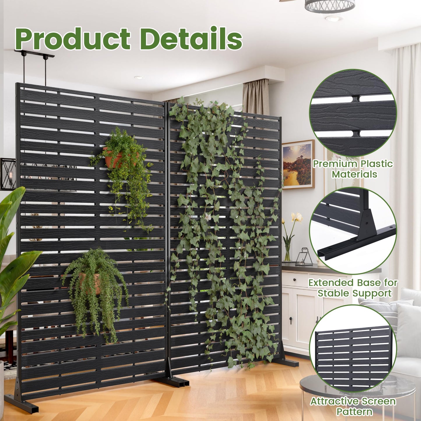 Diyfire Outdoor Privacy Screen 60" H HDPE Decorative Panel Freestanding Privacy Fence with Stand, Privacy Screens with Louvered 5 Panels, Weather-Resistant Panel Fence for Patio, Balcony, Pool, Black