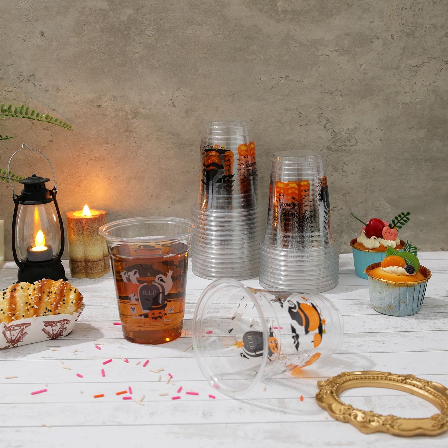50 Pcs 12OZ Halloween Cups,Halloween Plastic Cups Party Decorations Disposable Clear Pumpkin Bat Ghost Plastic Cups Juice Soda Beverage Halloween Party Favors For Halloween Themed Birthdays Supplies