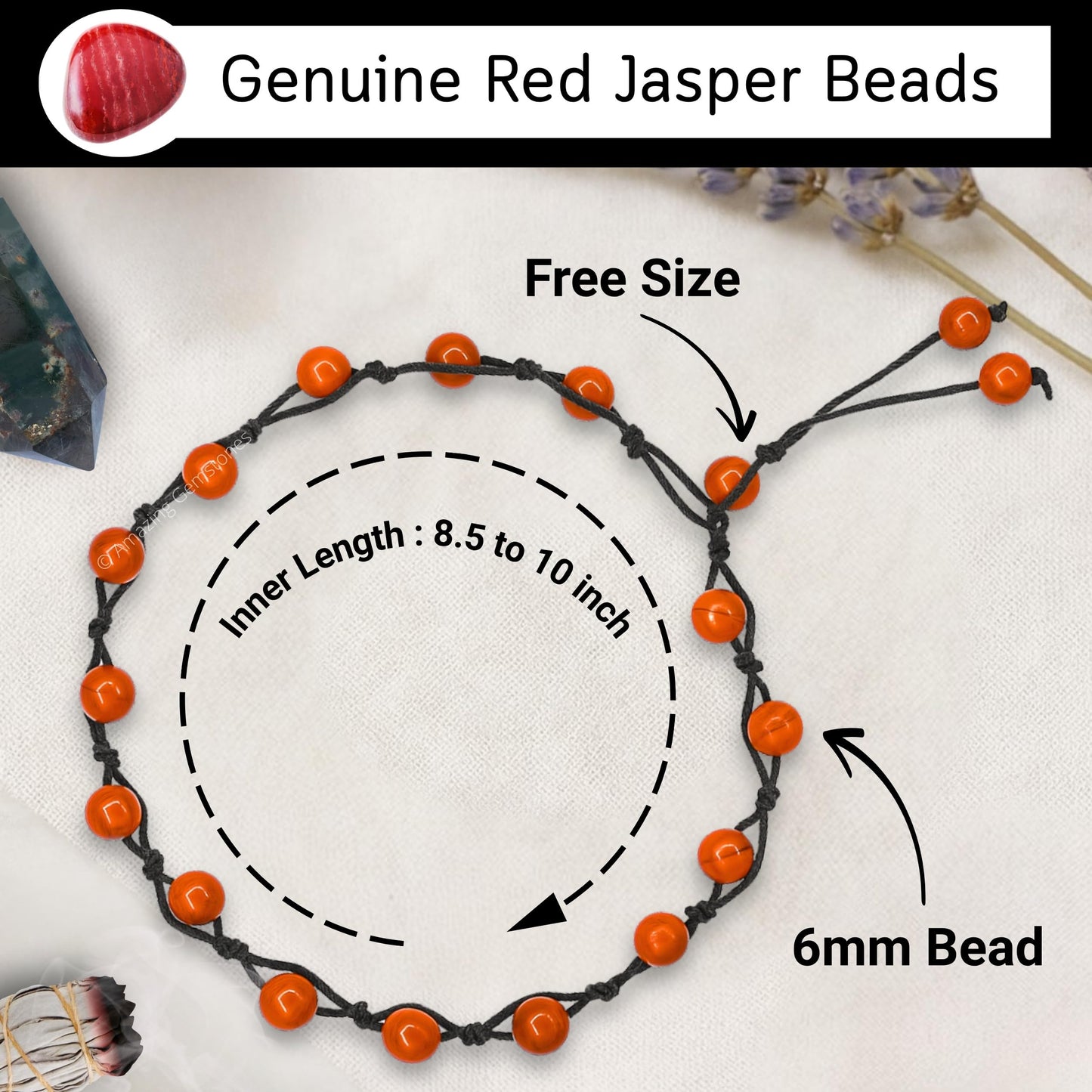Amazing Gemstone Red Jasper Anklet Ankle Bracelets for Women - Waterproof Beaded Healing Crystal Anklets, Plus Size Chakra Gemstone Bead Anklet (Stretchy Adjustable - Hand Knotted)
