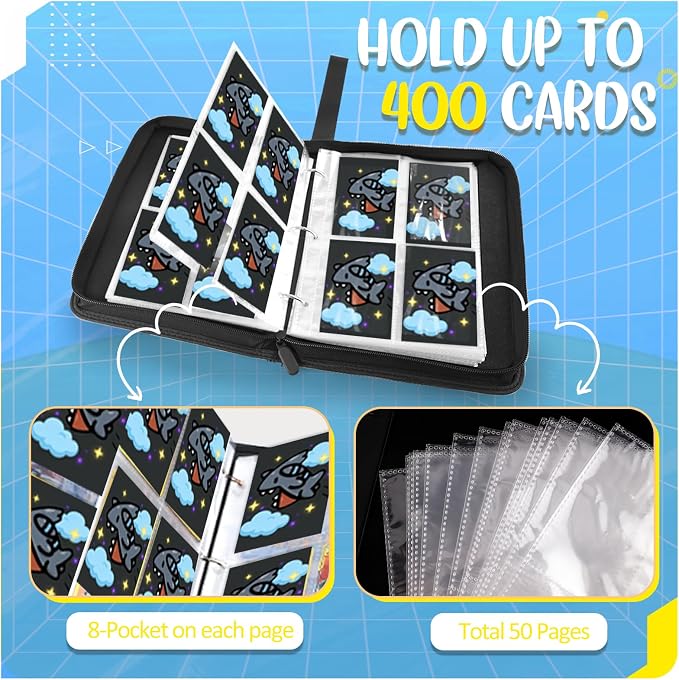 Card Binder 4 Pocket, Trading Card Holder Fits 400 Cards With 50 Removable Sleeves, Portable Collection Card Ablum, Game Card Case book With Zipper for Gift - Deep Grey