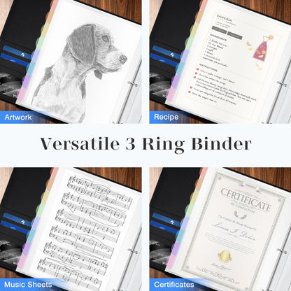 Ospelelf Leather Binder with 58 Plastic Sleeves, 3 Ring Presentation Binder for 8.5x11, Portfolio Organizer with 8 Tabbed Sleeves & Zipper Pocket for Documeents, Artwork, Certificates Black