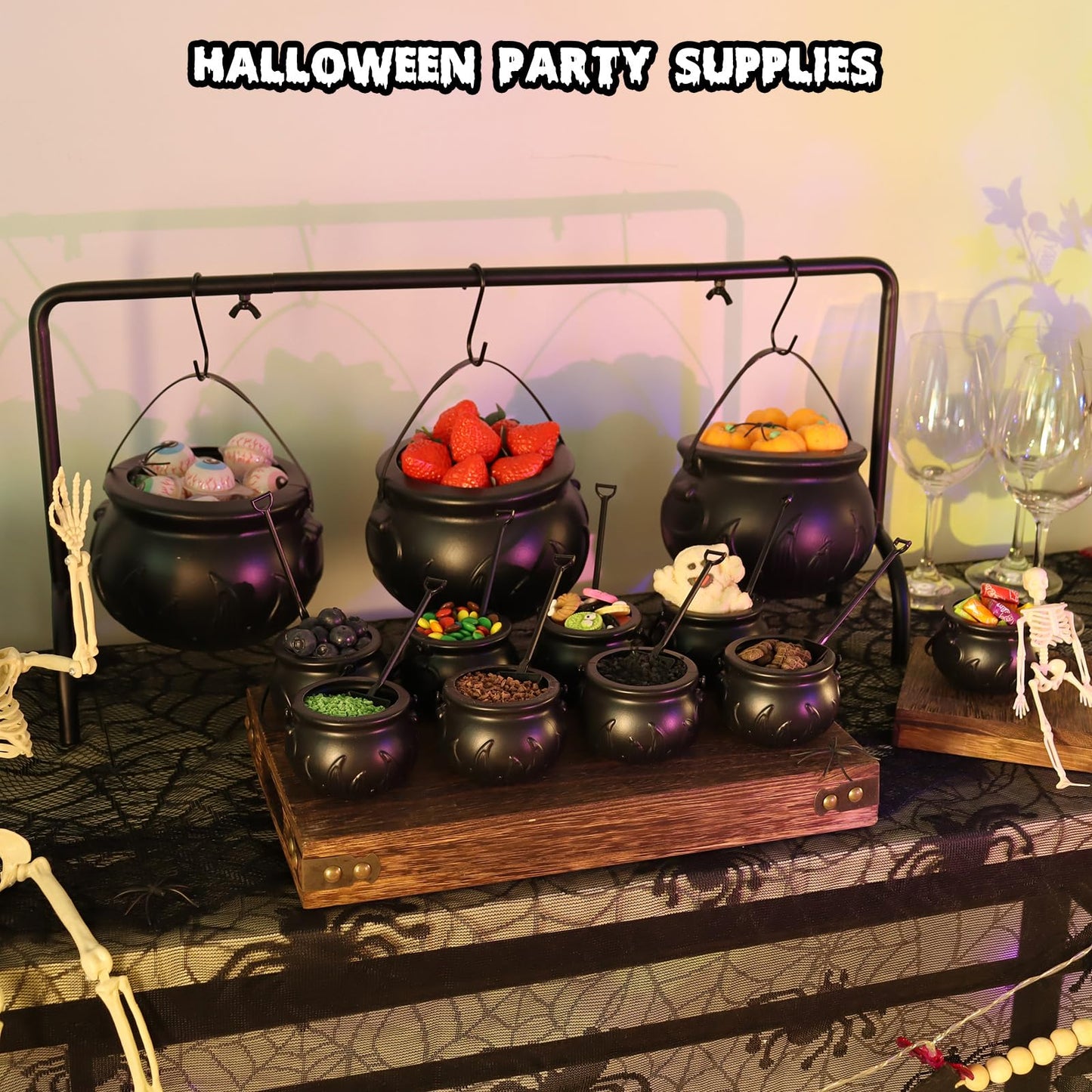 CESOF Cauldron Halloween Party Decor, Set of 12 Hanging Black Plastic Cauldron Bowls with Iron Rack, Large and Mini Candy Bucket Serving Punch Bowl for Table Witch Hocus Pocus Indoor Home Decorations