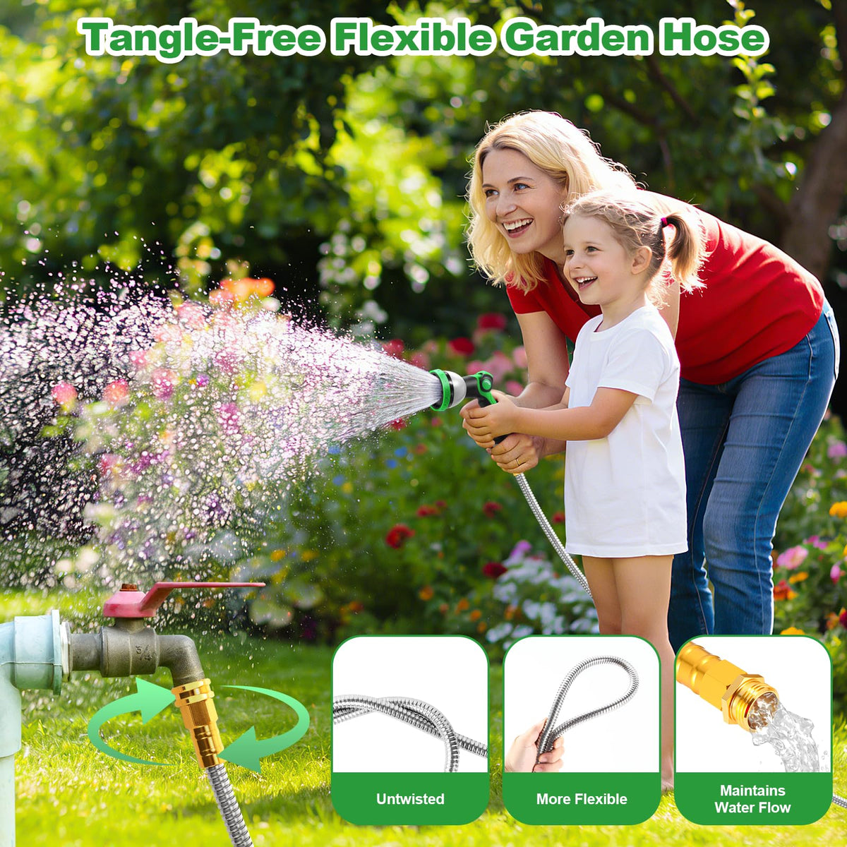 Garden Hose 50FT, Flexible Stainless Steel Metal Water Hose with 10-Function Nozzle, No-Kink, Leak-Proof, Wear-Resistant, 3/4 GHT, Easy to Use and Store for Garden, Yard, Lawn, Outdoor