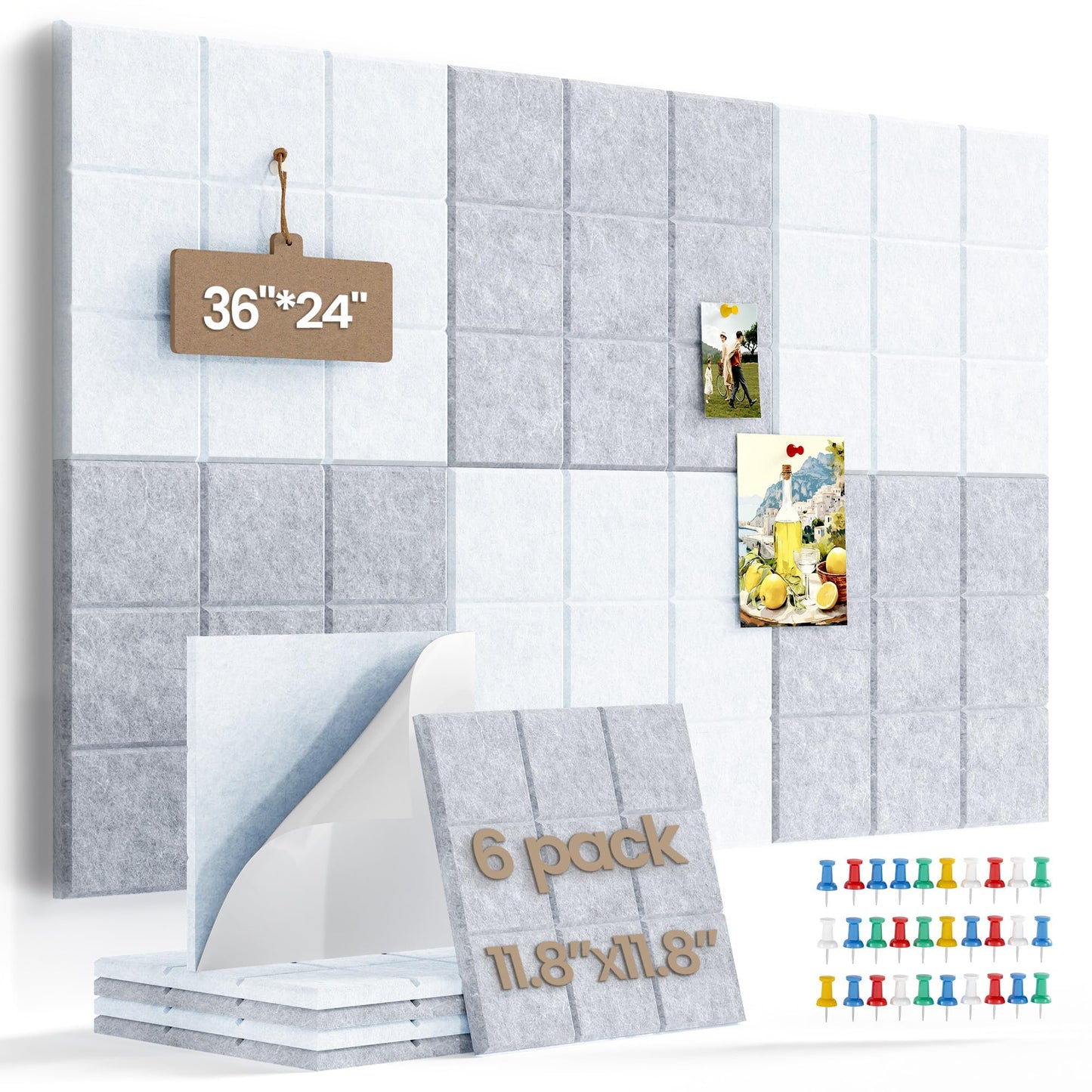 Uoisaiko Large Felt Board Tiles for Wall with 30 Push Pins, 11.8"x11.8" Pack of 6 Pin Board Notice Boards for Home Office Kitchen, Bulletin Board Wall Tiles for Photos Memos (Grey+White, 6 Pack)