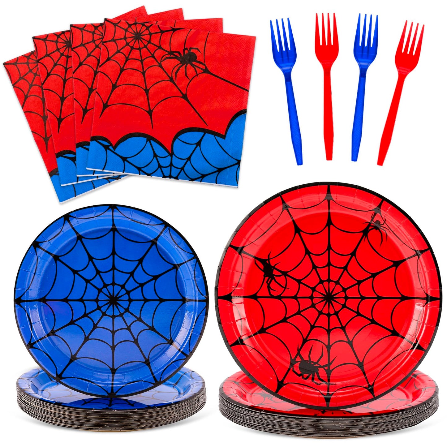 JarThenaAMCS 96 Pcs Spider Tableware Sets Serves 24 Guests Red Blue Spider Web Plates Napkins Forks Disposable Dinnerware for Halloween Birthday Party Favors