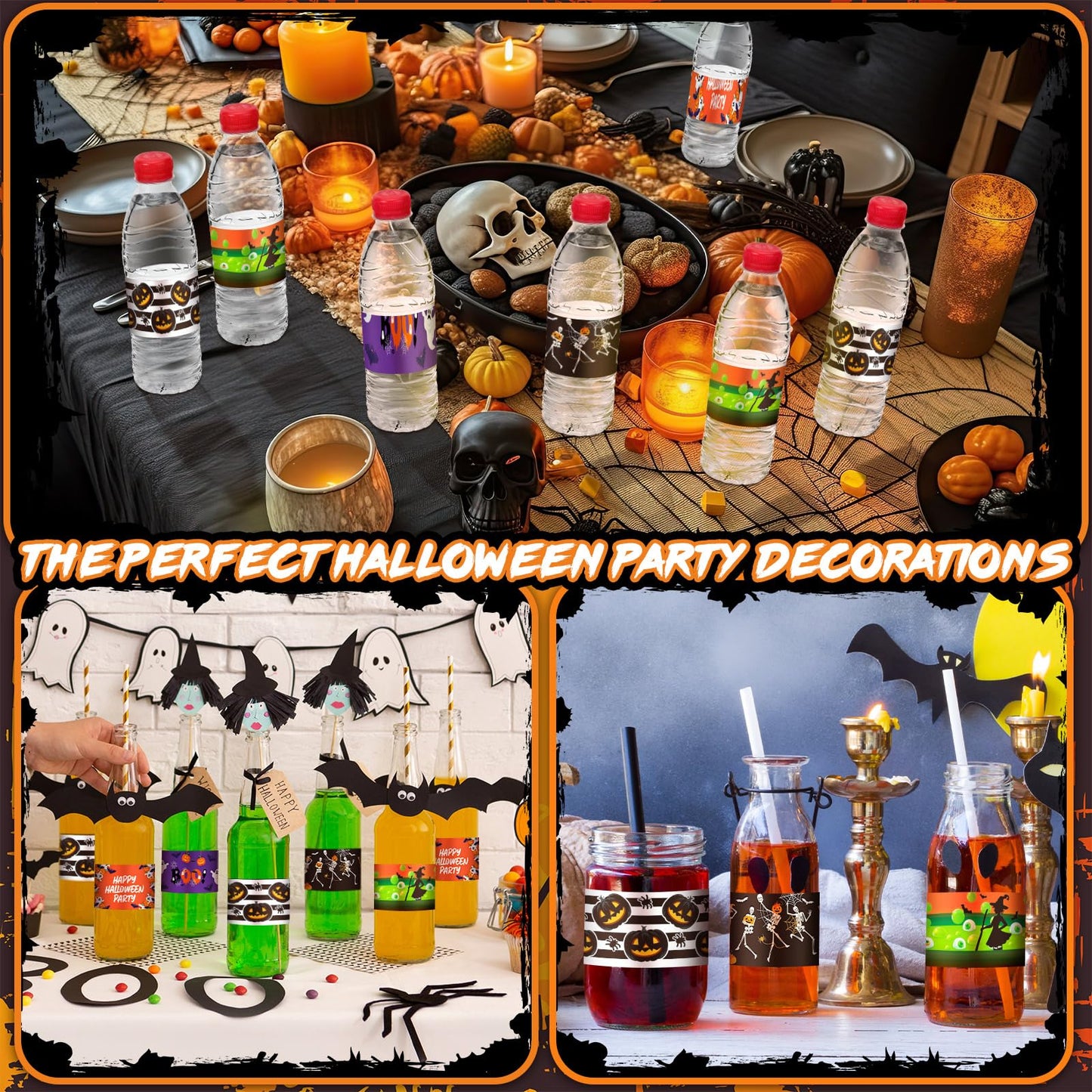 Menkxi 100 Pcs Halloween Water Bottle Labels Pumpkin Witch Potion Bat Ghost Water Bottle Sticker Wrappers Treat Halloween Box Labels for Birthday Party Supplies Decorations Ornaments (Classic Style)
