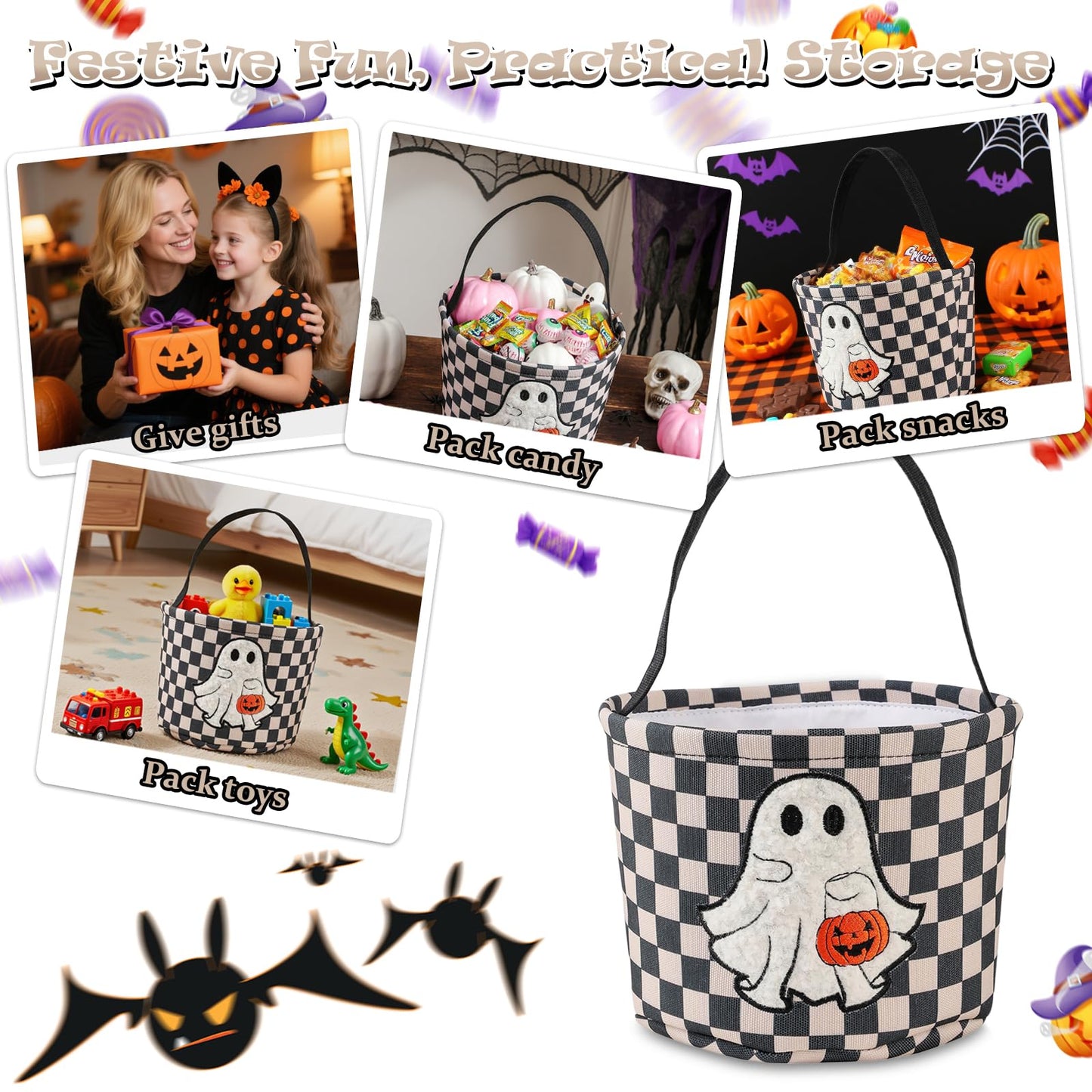 Halloween Bucket, Trick or Treat Basket for Kids Girl Boy Halloween Candy Bucket Gift Basket Canvas Pumpkin Buckets Spooky Boo Baskets Candy Bags Pumpkin Baskets for Party Favor Decorations, Black