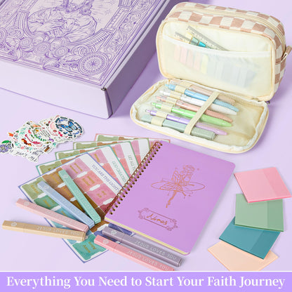 Bible Study Supplies Journaling Kit for Women,Bible Study Kit with Highlighters No Bleed,Journal Notebook Tabs Large Pencil Case, Accessories Set for Women Teens Beginner, Christian Gifts (purple)