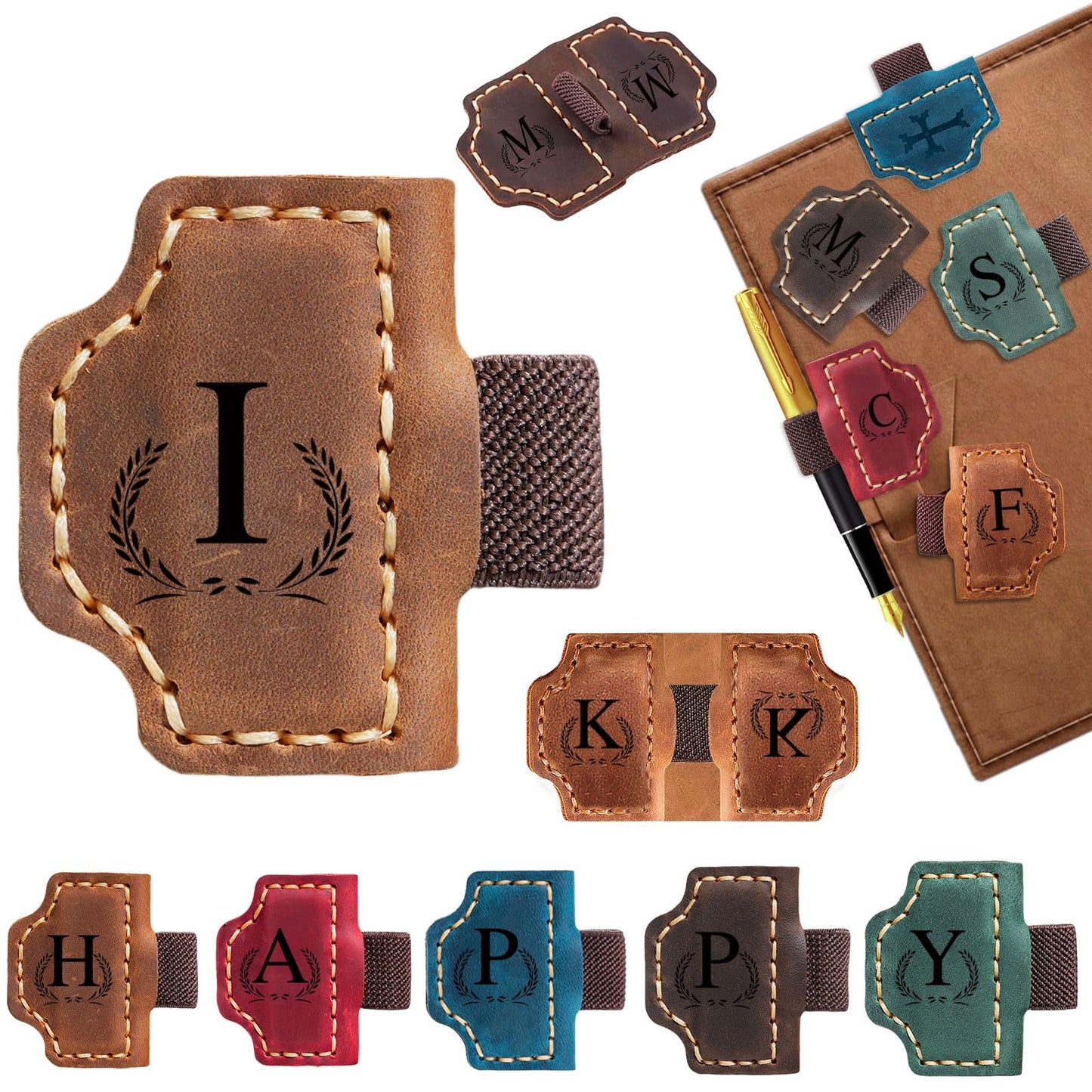 Custom Bygone Mark Bookmark with Pen Holder, 26 Letters Name Initial Personalized Magnetic Leather Bookmark, Gifts for Book Lovers, Readers, Travelers, Leather Book Marks (Light Brown, I)