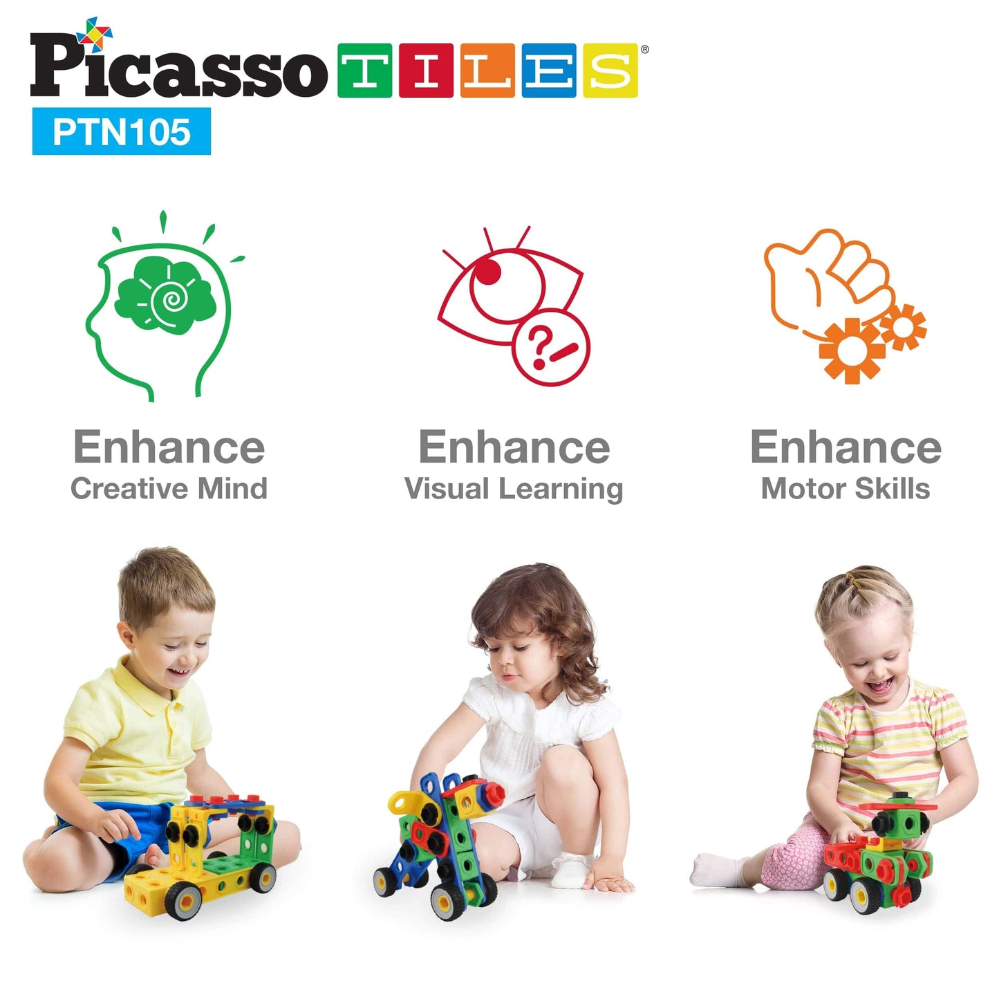 PicassoTiles STEM Learning Toys 105 Piece Building Block Set Kids Construction Engineering Kit Toy Blocks Children Early Education Playset w/IdeaBook, Power Drill, Clickable Ratchet, Age 3+ PTN105