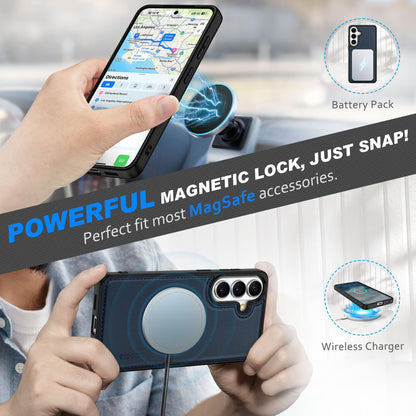 SHIELDON Real Leather Wallet Case for Galaxy S26+ 6.7", Detachable, RFID Blocking Credit Card Slot, Flip Magnetic Closure, Kickstand, Wireless Charging, Removable Shock Absorbing Cover - Navy Blue