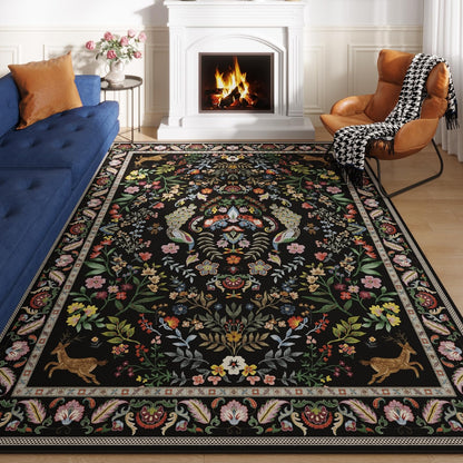Living Room Rug 5x7 Rug Machine Washable Area Rug Floral Non-Slip Low Pile Large Rugs for Living Room, Bedroom, Farmhouse, Dining Room, Kids Playroom (Vibrant Black)
