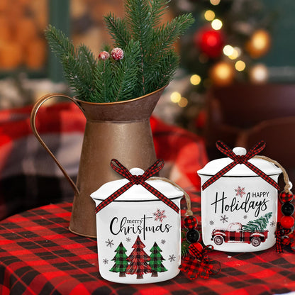 Whaline 2Pcs Christmas Mini Ceramic Canister Red Green Plaid Xmas Tree Truck Snowflake Mini Jar Holiday Candy Holder with Lid Bow for Xmas Winter Home Decor Storage Accessory