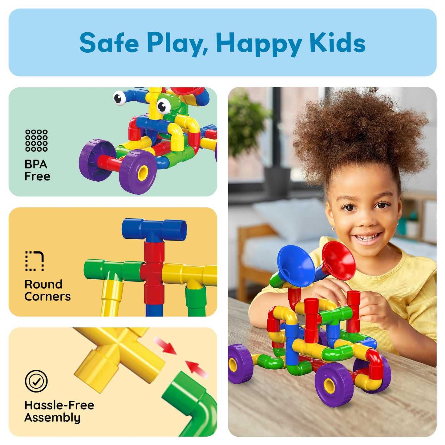PicassoTiles PTT136 136pcs Tubular Pipes & Spout STEAM Interlocking Educational Building Block Set, Tube Locks, Pipeworks Construction Blocks w/Storage Container Box, Idea Book, Flute Musical Kit