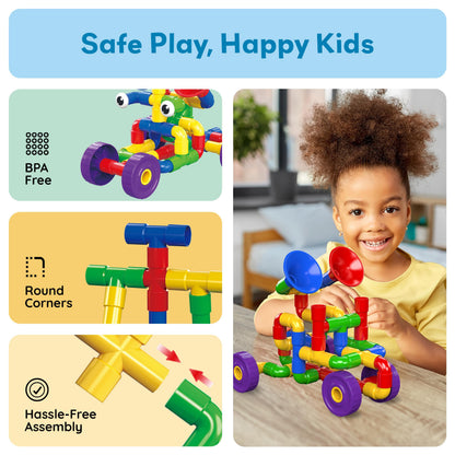 PicassoTiles PTT136 136pcs Tubular Pipes & Spout STEAM Interlocking Educational Building Block Set, Tube Locks, Pipeworks Construction Blocks w/Storage Container Box, Idea Book, Flute Musical Kit