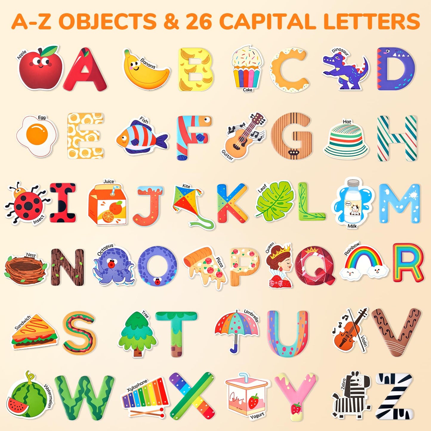 JoyCat Fridge Magnets for Toddlers – 26 Cute Objects & Uppercase Letters, Large Refrigerator ABC Alphabet Magnets Set for Kids, Preschool Learning Spelling Alphabet Gift Toy for Ages 2+