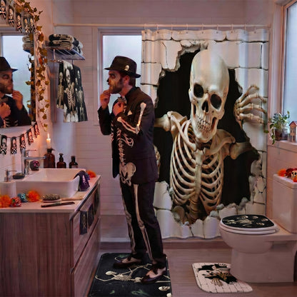 FuWeave 8 Pcs Halloween Shower Curtain Set, Skeleton Breakthrough Bathroom Decor with 3D Wall-Breaking Skull, Include Non-Slip Bath Mat, Toilet Lid Cover, Towels and 12 Hooks for Gothic Bathroom