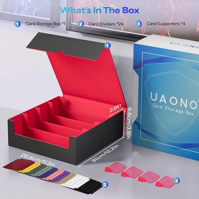 UAONO Trading Card Storage Box, Holds 2400 Sleeved Cards with 24 Dividers & 4 Stoppers, Magnetic Closure PU Leather Card Case for MTG, PTCG, YGO, Sports Cards (Black&Red)