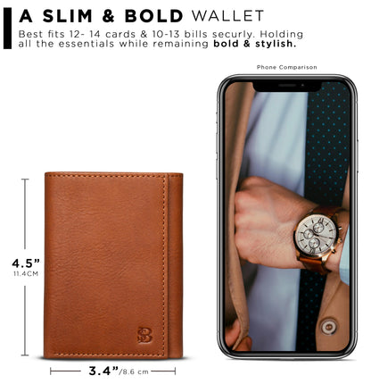 SERMAN BRANDS Trifold Wallet for Men - RFID Blocking Full Grain Leather, 11 Card Slots & ID Window, Slim Everyday Carry, Durable Stitching, Gift for Him