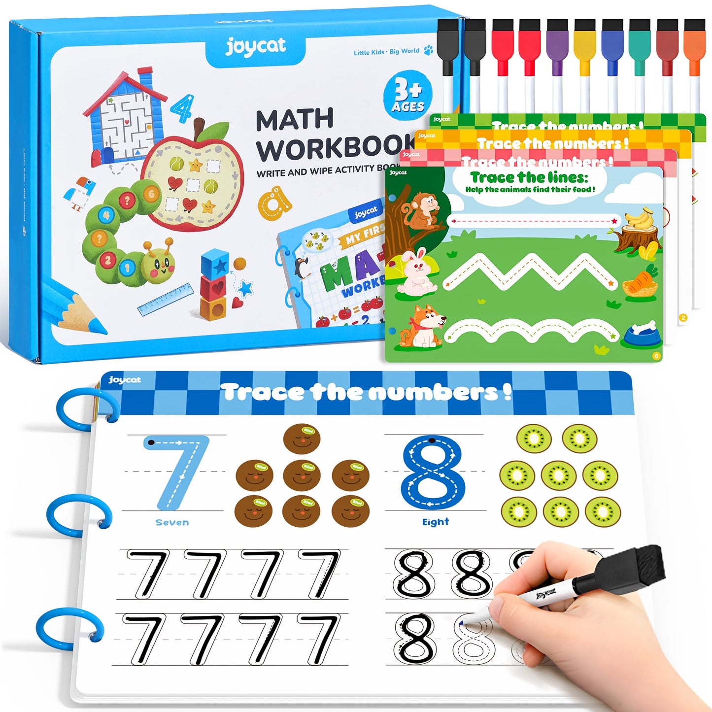 JoyCat Math Busy Book for Toddlers — Reusable Preschool Workbook with 10 Dry-Erase Markers, Number Tracing & Counting Activity Book for Kids Ages 3–8, Kindergarten Learning Activities, Travel-Ready