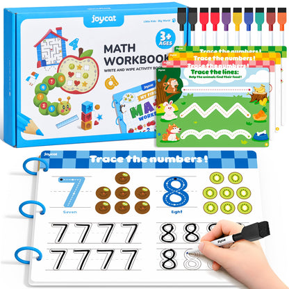 JoyCat Math Busy Book for Toddlers — Reusable Preschool Workbook with 10 Dry-Erase Markers, Number Tracing & Counting Activity Book for Kids Ages 3–8, Kindergarten Learning Activities, Travel-Ready