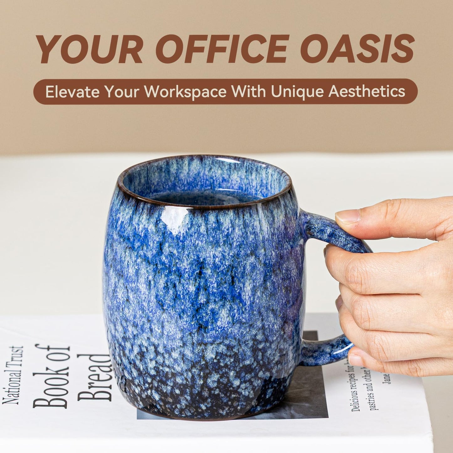 Sakura Blue Reactive Glaze Ceramic Coffee Mug - 14 oz Unique Mug with Ergonomic Handle, Large Ceramic Mug for Coffee, Tea, Milk - Great Birthday Gift for Women, Men, Friends, Home & Office Use