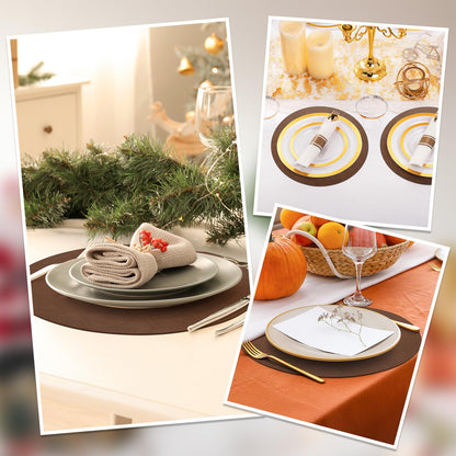 comfoyar Faux Leather Round Placemats with Coasters Set of 6, 13x13 Inch Non-Slip Heat Resistant Dual-Sided Brown Place Mats, Waterproof Table Mats for Kitchen Dining Party Table Decoration