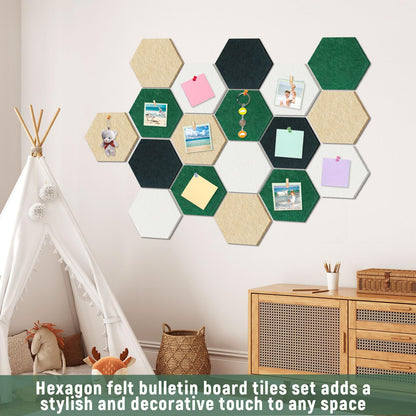 16Pcs Hexagon Felt Cork Board Tiles Self Adhesive Hexagon Wall Tiles with 60 Push Pins 20 Wooden Clips DIY Bulletin Board Pin Boards for School Office Home Photos Memos Display (Green Brown)