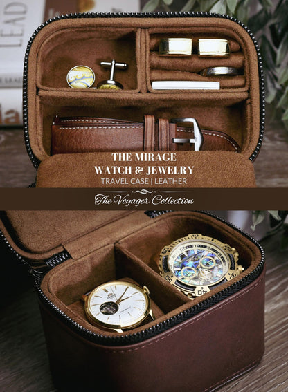 Leather Watch and Jewelry Travel Case for Men – Cufflink and Watch Band Travel Case Organizer – Coffee Brown Swiss-Motif Genuine Leather