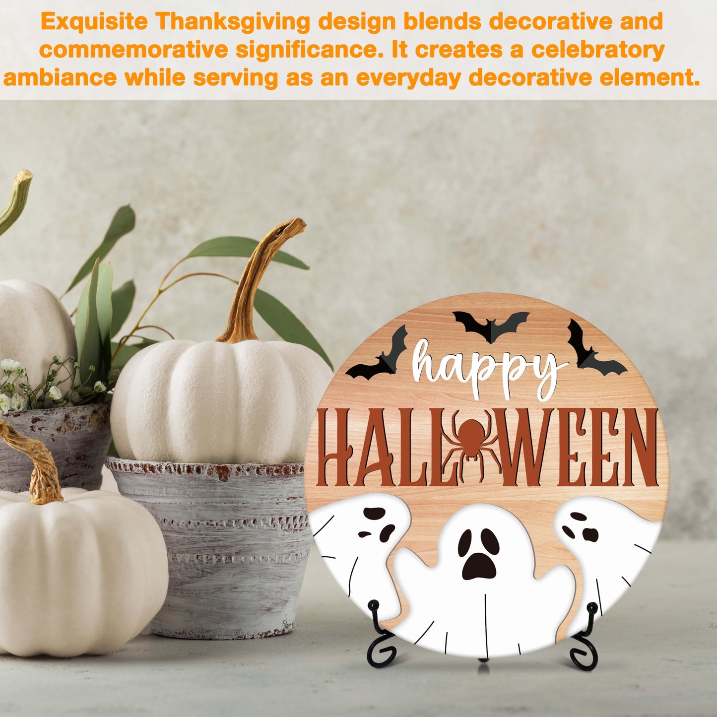 Seclate Halloween Desk Decorations for Home, Spider Wooden Table Centerpieces for Office Living Room Shelf Decor, Bat Ghost Gifts for Women Friends - E09