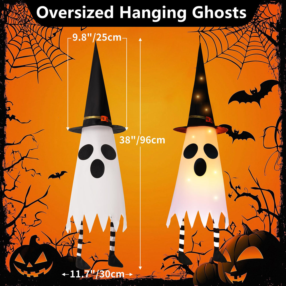 FENELY 3 Packs 38" Halloween Hanging Lighted Glowing Ghosts with Witch Hat and Foot, Outdoor Indoor Decorations for Home Party Yard Patio Garden Tree