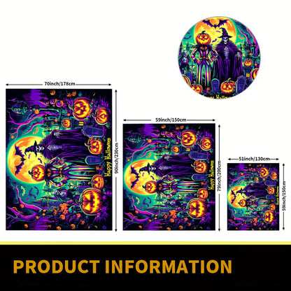 BSFHH Black Light Tapestry – UV Reactive Glow in the Dark Wall Hanging, Spooky Night Scene with Ghosts & Pumpkins, Haunting Home Decor for Parties, Bedroom, or Dorm (Witches & Bats, 90L" x 70W", Unframed)