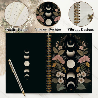 Gothic Notebook Journal for Women - A5 Spiral Notebook with Dark Academia, Flowers Design, Vintage Witchy Journal, Gothic Office & School Supplies, Unique Gifts for Women Birthday, Christmas (Moon)