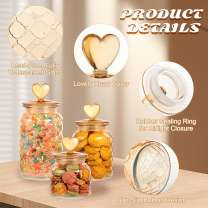 Rainmae 3 Pcs Heart Candy & Cookie Jars with Lids, 22 32 45 oz Cute Heart Shaped Airtight Food Storage Glass Cookie Containers for Kitchen Decorative Apothecary Canisters (Amber)
