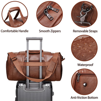 Leather Travel Duffle Bags for Men Women, Weekender Overnight Bag with Shoe Compartment Waterproof Carry on Duffle Bags for Airplanes Gym Sport Business Bag