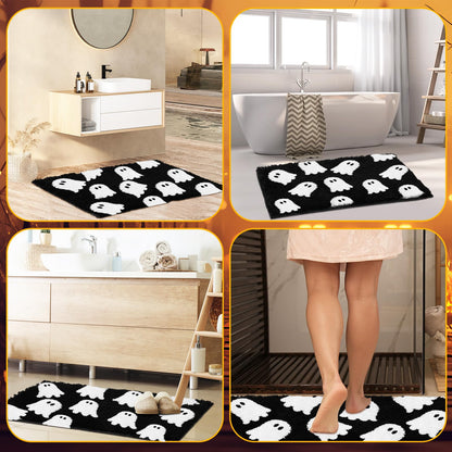 Hillsuren Black Ghost Bath Mat Soft Halloween Bathroom Rug Non Slip Cute Spooky Ghost Bathroom Decoration Shaggy Plush Microfiber Rug Halloween Decor for Home Bedroom Shower Floor, 15.75 x 23.62 Inch