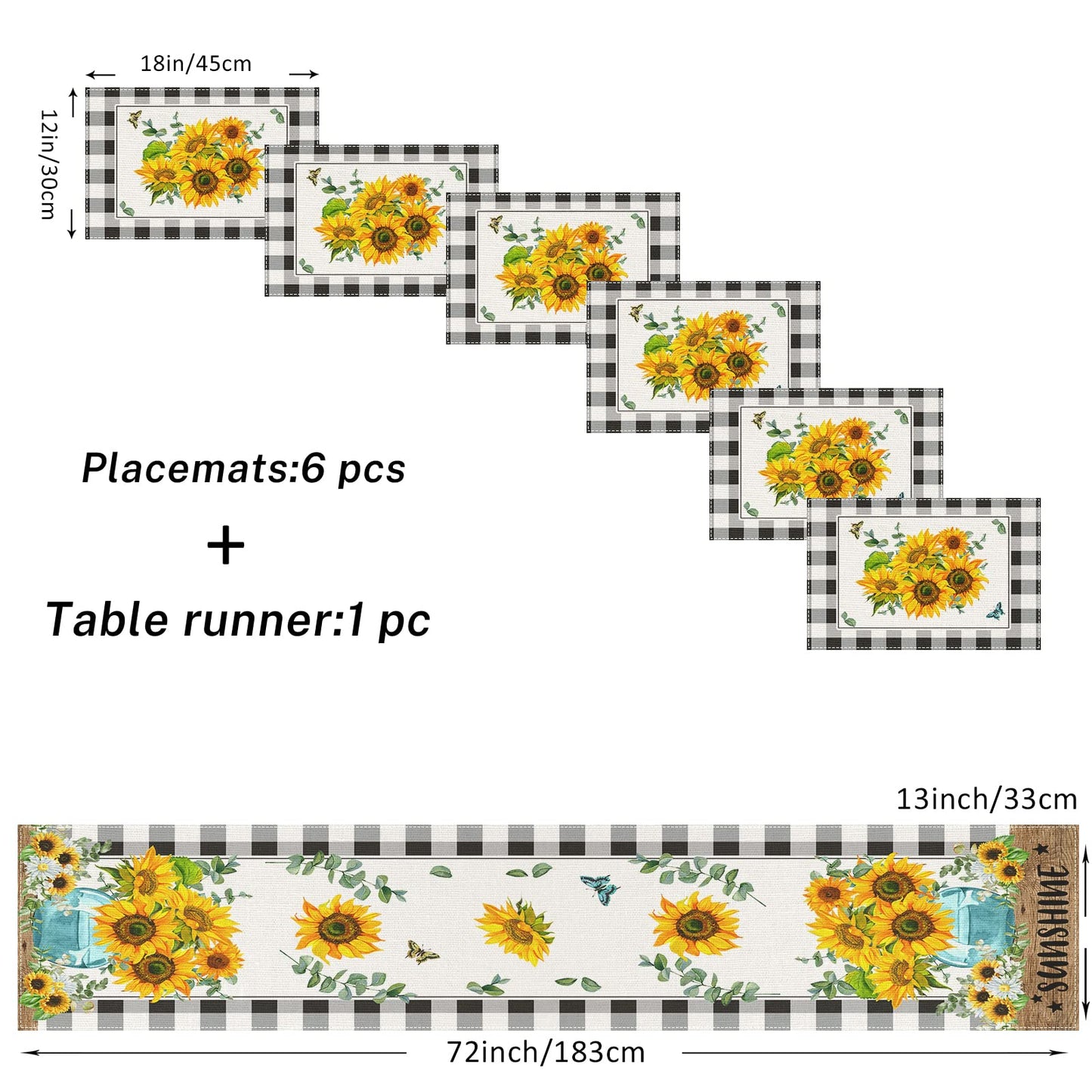 ArtSocket Sunflower Table Runner and Placemats Set of 6, Black White Buffalo Plaid Floral Flower Dining Decor for Daily Use(1 Table Runner 72 inches Long and 6 Placemats)