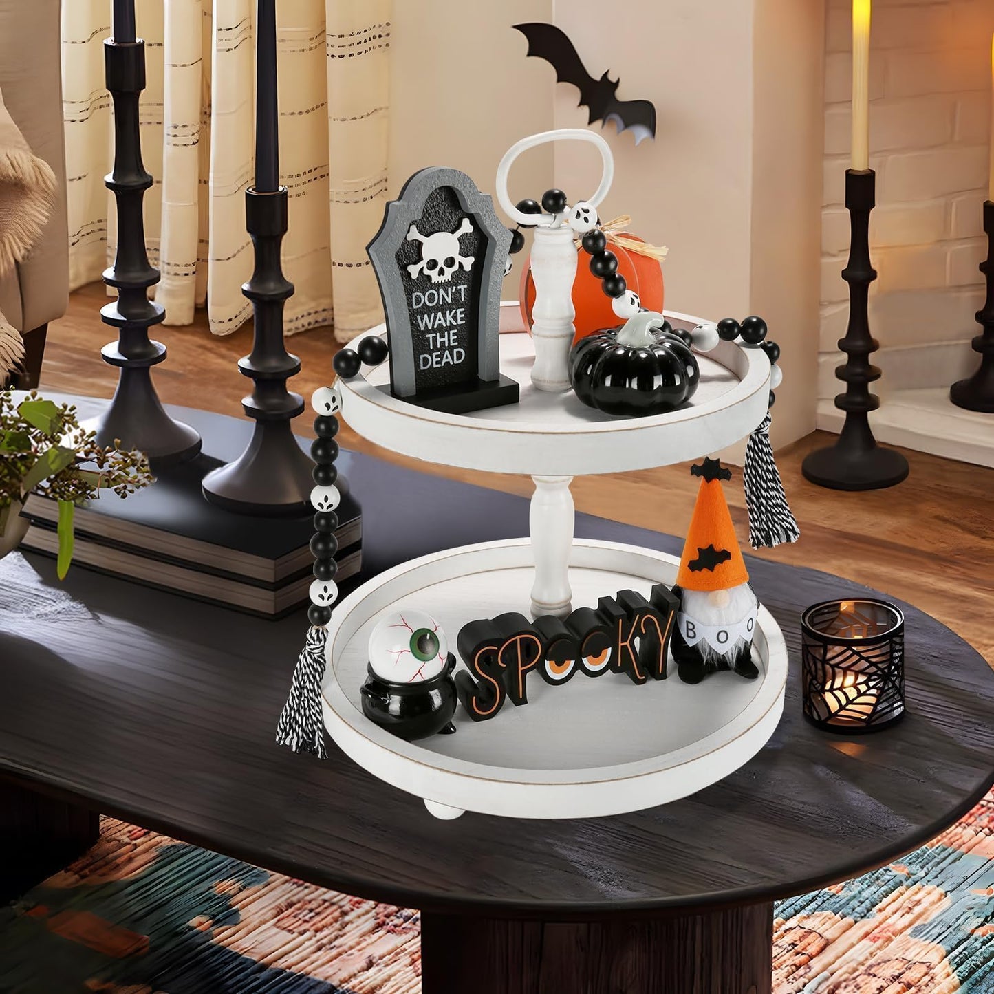 Halloween Decorations 6PCS Tiered Tray Decor, Cute Tabletop Halloween Decor for Home Office Tray Shelf Mantel Table Centerpieces Farmhouse Rustic Spooky Wood Signs