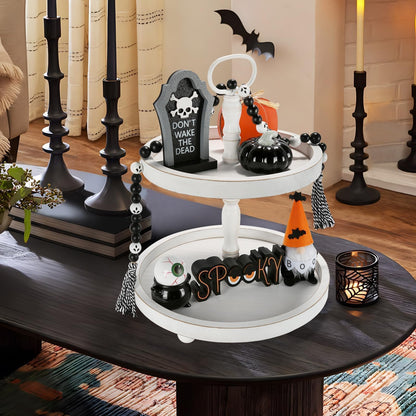 Halloween Decorations 6PCS Tiered Tray Decor, Cute Tabletop Halloween Decor for Home Office Tray Shelf Mantel Table Centerpieces Farmhouse Rustic Spooky Wood Signs