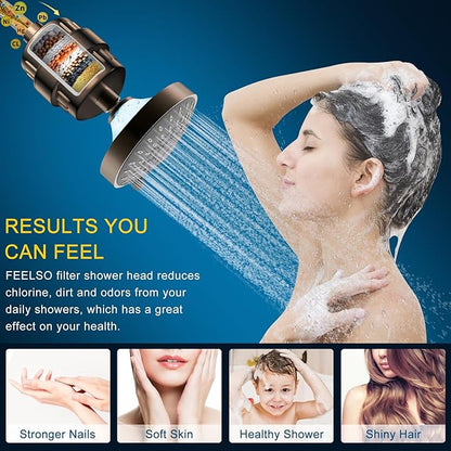 Shower Head and 15 Stage Shower Filter Combo, FEELSO High Pressure 5 Spray Filtered Showerhead with Water Softener Filters for Hard Water Remove Chlorine and Harmful Substances (Oil Rubbed Bronze)