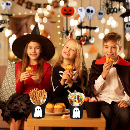 JarThenaAMCS 50 Pcs Halloween Charcuterie Cups with 100 Pcs Sticks Black White Ghost Disposable Appetizer Cups 14 Oz Fench Fry Holder for Trick or Treat Snack Dessert Birthday Party Supplies