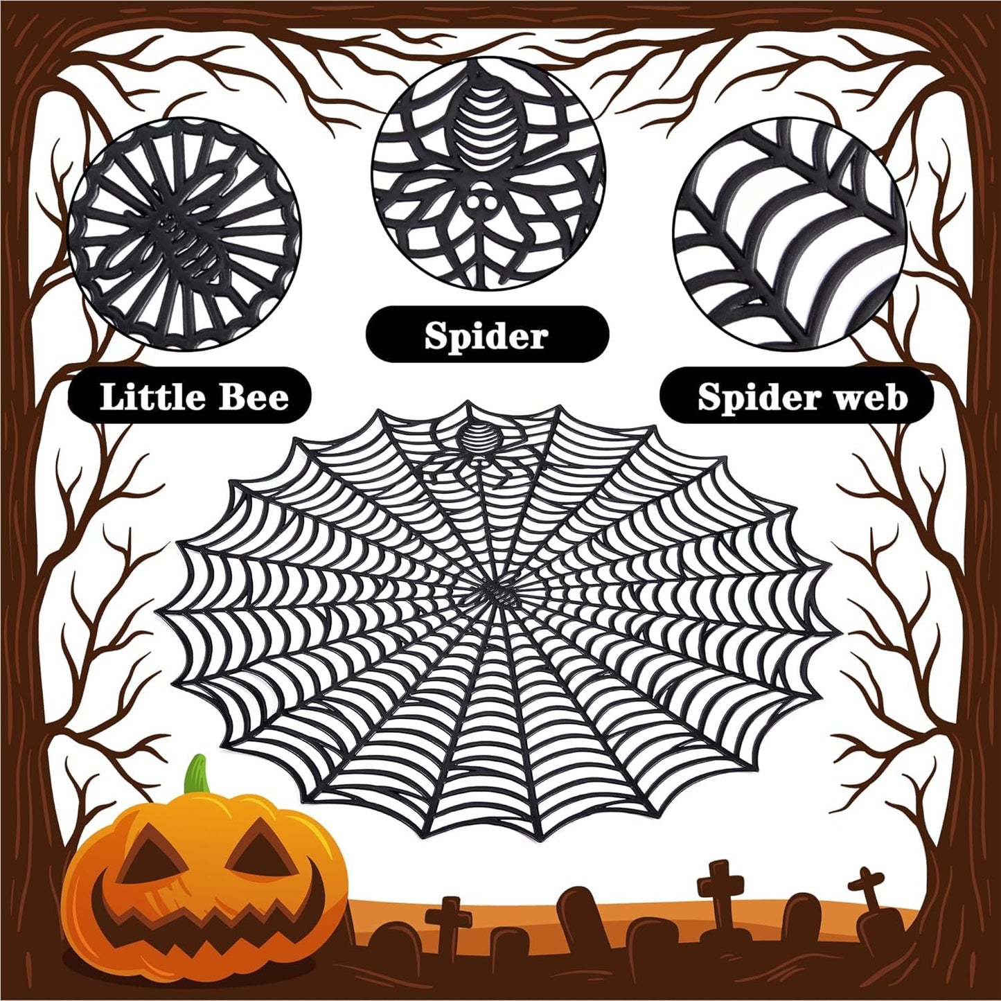8 Pcs Halloween Spider Web Placemats- 15" Heat Insulation Halloween Placemats Spider Web Table Mats- Hollow Out Spiderweb Coasters Placemat for Dining Table Halloweens Decoration (Black)