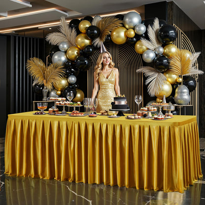 8FT Gold Satin Tablecloths for Rectangle Tables - Shiny Spandex Party Table Cover with Pleated Table Skirt, No-Wrinkle & Glossy Wedding Tablecloth One-Piece for Birthday Baby Shower Banquet Ceremony