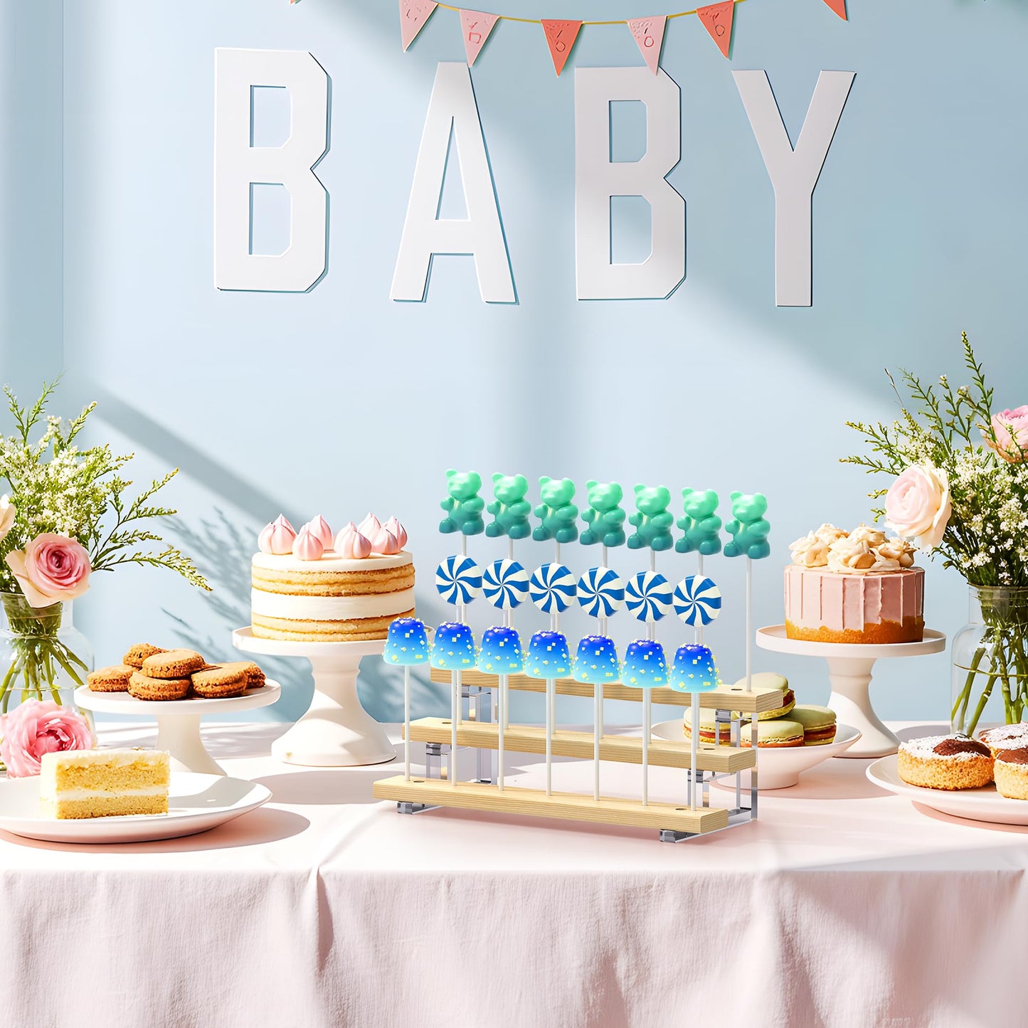 DEMEGA Cake Pop Stand Display Riser - 3 Tier Wood Lollipop Holder, 20 Holes Acrylic Pine Wood Candy Pop Holder Display for Dessert Table Weddings Birthday Parties Halloween Candy Decorative