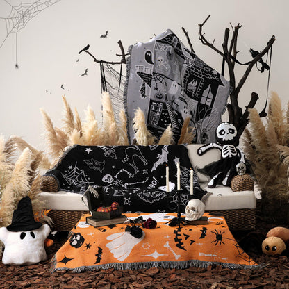 Phantoscope Happy Halloween Blanket, Soft Jacquard Knitted Throw Blanket with Tassel, Warm Cozy Blanket with Skeleton Bat Ghost for Couch Living Room Bedroom, Black, 50 x 60 inches