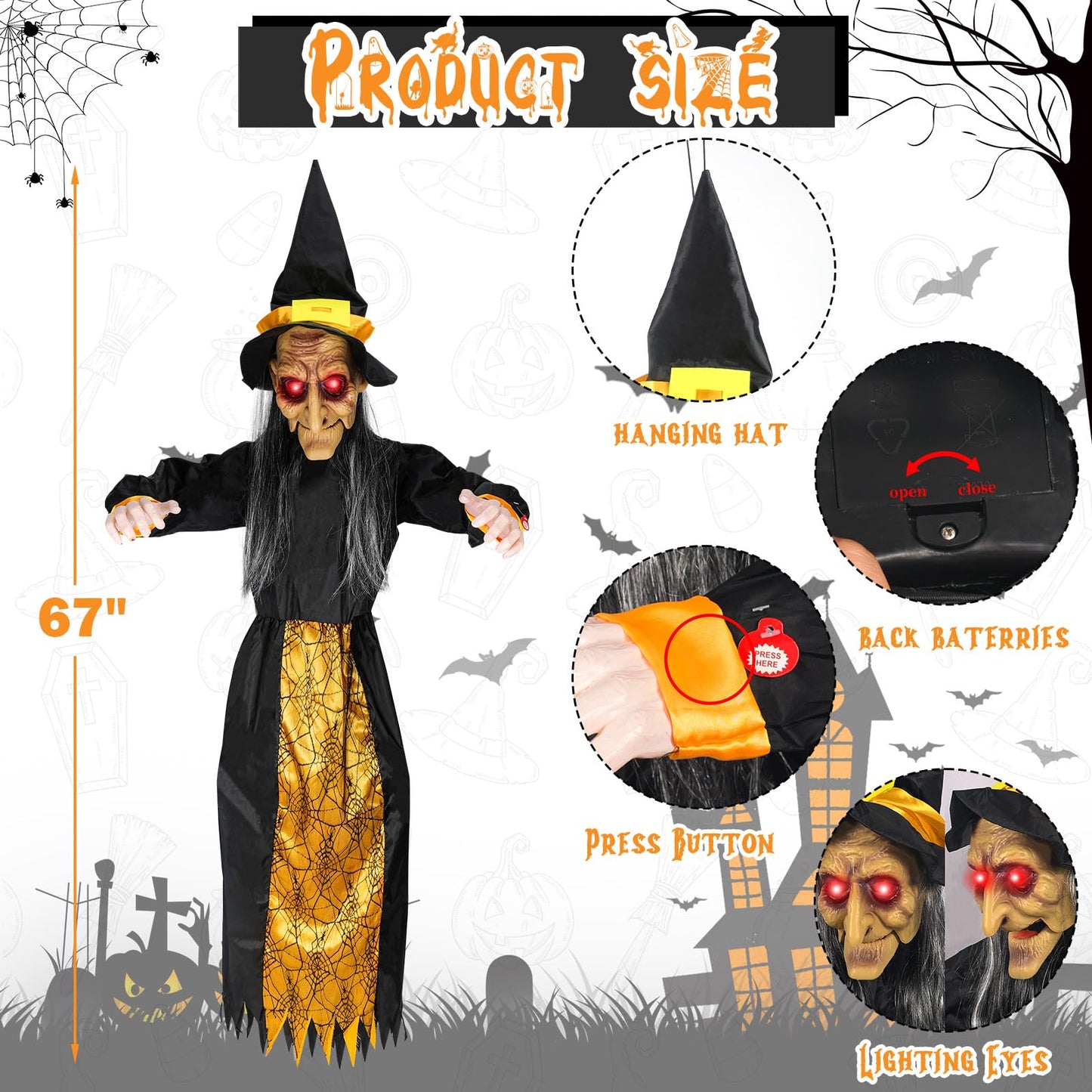 67" Halloween Hanging Witch, Halloween Decoration Outdoor Talking Ghost Light Up Eyes Sound Activated, Outdoor Indoor Decor for Garden Yard Black