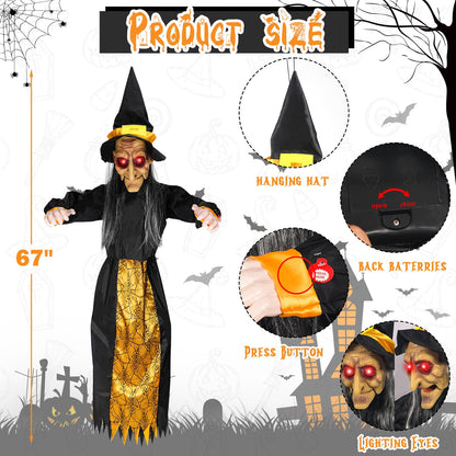67" Halloween Hanging Witch, Halloween Decoration Outdoor Talking Ghost Light Up Eyes Sound Activated, Outdoor Indoor Decor for Garden Yard Black