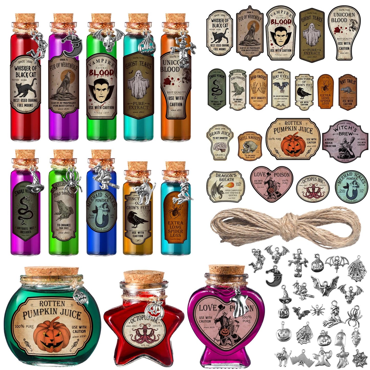 Sliner 180 Pcs Halloween Potion Bottles Set Includes 60 Cork Stoppers Glass Bottles 60 Charms Pendants 60 Apothecary Bottle Labels with a Jute Rope for Party Decoration Gifts Photo Props