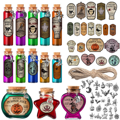 Sliner 180 Pcs Halloween Potion Bottles Set Includes 60 Cork Stoppers Glass Bottles 60 Charms Pendants 60 Apothecary Bottle Labels with a Jute Rope for Party Decoration Gifts Photo Props