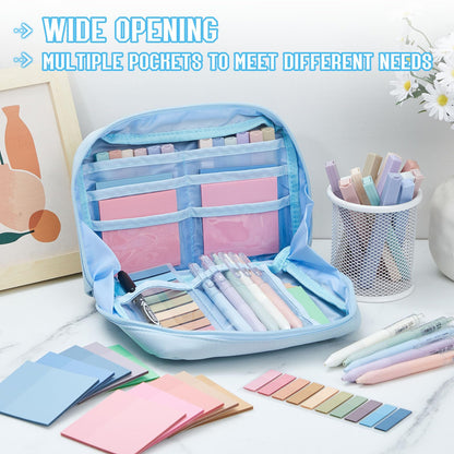 Jutom 39 Pcs Aesthetic Book Annotation Kit Highlighter with Pencil Case Bag Gel Pen Transparent Sticky Note Taking Bible Study College School Supplies(Blue,Kawaii Style)